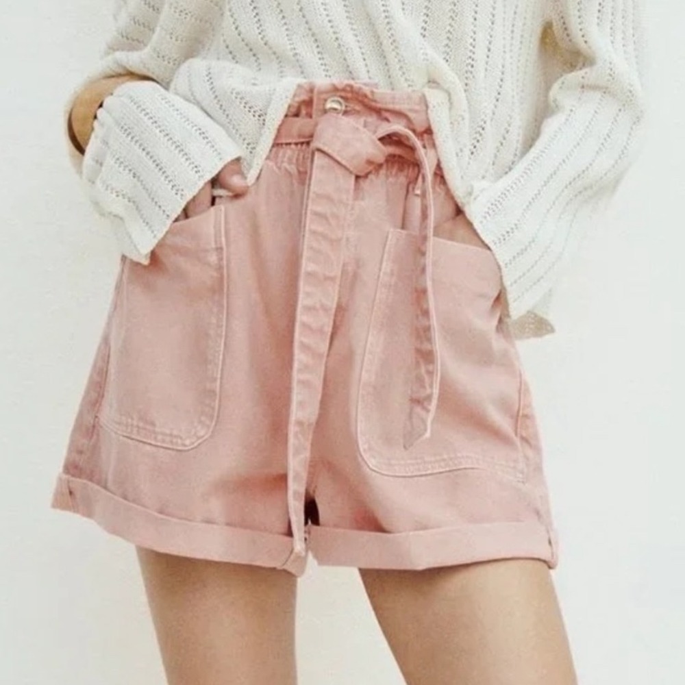 ZARA Pink Paperbag Waist Denim Shorts Rolled Cuff Belted Distressed Size‎ 10
